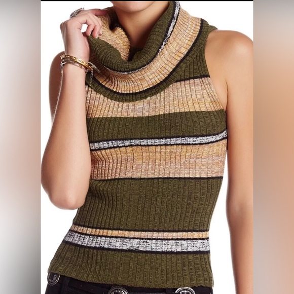 Free People Striped Knit Cowl Neck Top Blouse Off Shoulder Neutral XS - Picture 4 of 13